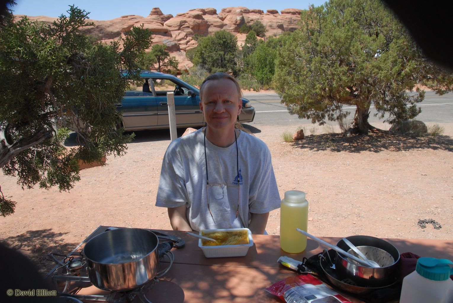 David enjoying his curried noodles for lunch